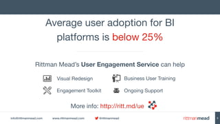 info@rittmanmead.com www.rittmanmead.com @rittmanmead 5
Visual Redesign Business User Training
Ongoing SupportEngagement Toolkit
Average user adoption for BI
platforms is below 25%
Rittman Mead’s User Engagement Service can help
More info: http://ritt.md/ue
 