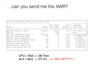 …can you send me the AWR?
Top 10 Foreground Events by Total Wait Time
~~~~~~~~~~~~~~~~~~~~~~~~~~~~~~~~~~~~~~~~~~~
Total Wait Wait % DB Wait
Event Waits Time (sec) Avg(ms) time Class
------------------------------ ----------- ---------- ---------- ------ --------
db file parallel read 139,819 469.8 3.36 78.1 User I/O
DB CPU 243 40.4
db file sequential read 201,921 52.4 0.26 8.7 User I/O
db file scattered read 221 .5 2.21 .1 User I/O
kksfbc child completion 4 .2 37.85 .0 Other
control file sequential read 249 0 0.10 .0 System I
Disk file Mirror Read 61 0 0.21 .0 User I/O
library cache load lock 19 0 0.60 .0 Concurre
cursor: pin S wait on X 4 0 1.61 .0 Concurre
Disk file operations I/O 140 0 0.03 .0 User I/O
CPU + Wait = DB Time
40.4 + 86.8 = 127.2% ( > 100% WTF??? )
 