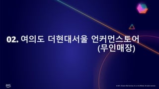 © 2021, Amazon Web Services, Inc. or its affiliates. All rights reserved.
02. 여의도 더현대서울 언커먼스토어
(무인매장)
 