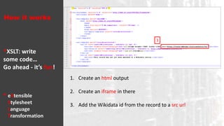 Digital Past
eXtensible
Stylesheet
Language
Transformation
*
1. Create an html output
2. Create an iframe in there
3. Add the Wikidata id from the record to a src url
4. Add a disclaimer for records without a Wikidata id
4
How it works
*XSLT: write
some code…
Go ahead - it’s fun!
 