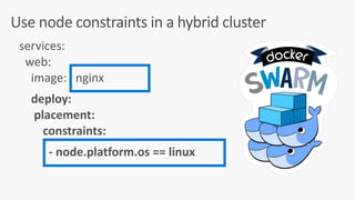 Use	node	constraints	in	a	hybrid	cluster
services:	
		web:	
				image:			nginx	
				deploy:	
					placement:	
								constraints:	
										-	node.platform.os	==	linux	
 