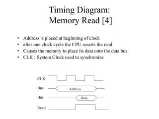 Timing Diagram:
Memory Read [4]
• Address is placed at beginning of clock
• after one clock cycle the CPU asserts the read.
• Causes the memory to place its data onto the data bus.
• CLK : System Clock used to synchronize
CLK
AddressBus
Bus
Read
Data
 