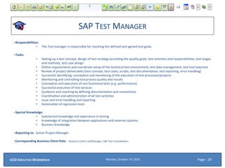 SAP TEST MANAGER
–Responsibilities:
• The Test manager is responsible for reaching the defined and agreed test goals.
–Tasks:
• Setting up a test concept, design of test strategy according the quality goals, test activities and responsibilities, test stages
and methods, test case design
• Define requirements and coordinate setup of the technical test environment, test data management, test tool selection
• Review of project deliverables (test concept, test cases, scripts, test documentation, test reporting, error handling)
• Successful identifying, conception and monitoring of the execution of test processes/projects
• Monitoring and controlling test process quality and results
• Conception and execution of non functional tests (e.g. performance)
• Successful execution of test services
• Guidance and coaching by defining documentation and conventions
• Coordination and administration of all test activities
• Issue and error handling and reporting
• Automation of regression tests
–Special Knowledge:
• Substantial knowledge and experience in testing
• Knowledge of integration between applications and external systems.
• Business Knowledge
–Reporting to: Senior Project Manager
–Corresponding Business Client Role: Business Client LoB Manager, SAP Test Coordinators
Monday, October 19, 2015ECIO EXECUTIVE WORKBENCH Page : 29
 