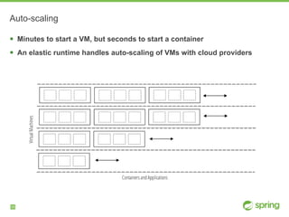 Auto-scaling
! Minutes to start a VM, but seconds to start a container
! An elastic runtime handles auto-scaling of VMs with cloud providers
35
 