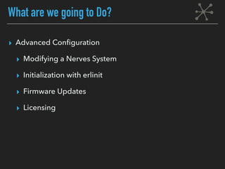 ▸ Advanced Conﬁguration
▸ Modifying a Nerves System
▸ Initialization with erlinit
▸ Firmware Updates
▸ Licensing
What are we going to Do?
 