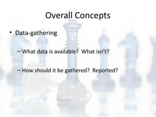 Overall Concepts
• Data-gathering
– What data is available? What isn’t?
– How should it be gathered? Reported?
 