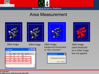 Dr. Arne Seitz
PT-BIOP course, Image Processing, EPFL 2010
BioImaging &Optics Platform
Area Measurement
16bit image 32bit image 32bit image,
background thresholded
to “Not a Number”
16bit image,
same threshold
as in 32bit image
but not applied
 
