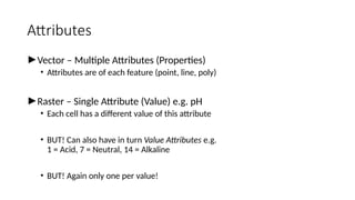 Attributes
►Vector – Multiple Attributes (Properties)
• Attributes are of each feature (point, line, poly)
►Raster – Single Attribute (Value) e.g. pH
• Each cell has a different value of this attribute
• BUT! Can also have in turn Value Attributes e.g.
1 = Acid, 7 = Neutral, 14 = Alkaline
• BUT! Again only one per value!
 