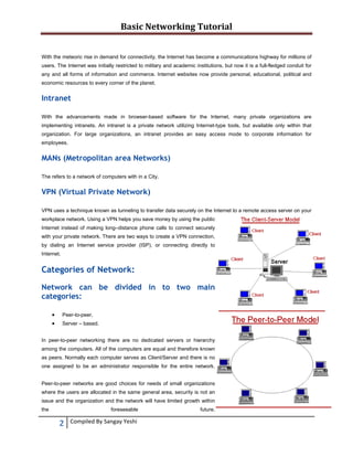 Basic Networking Tutorial 
 
2  Compiled By Sangay Yeshi 
 
With the meteoric rise in demand for connectivity, the Internet has become a communications highway for millions of
users. The Internet was initially restricted to military and academic institutions, but now it is a full-fledged conduit for
any and all forms of information and commerce. Internet websites now provide personal, educational, political and
economic resources to every corner of the planet.
Intranet
With the advancements made in browser-based software for the Internet, many private organizations are
implementing intranets. An intranet is a private network utilizing Internet-type tools, but available only within that
organization. For large organizations, an intranet provides an easy access mode to corporate information for
employees.
MANs (Metropolitan area Networks)
The refers to a network of computers with in a City.
VPN (Virtual Private Network)
VPN uses a technique known as tunneling to transfer data securely on the Internet to a remote access server on your
workplace network. Using a VPN helps you save money by using the public
Internet instead of making long–distance phone calls to connect securely
with your private network. There are two ways to create a VPN connection,
by dialing an Internet service provider (ISP), or connecting directly to
Internet.
Categories of Network:
Network can be divided in to two main
categories:
 Peer-to-peer.
 Server – based.
In peer-to-peer networking there are no dedicated servers or hierarchy
among the computers. All of the computers are equal and therefore known
as peers. Normally each computer serves as Client/Server and there is no
one assigned to be an administrator responsible for the entire network.
Peer-to-peer networks are good choices for needs of small organizations
where the users are allocated in the same general area, security is not an
issue and the organization and the network will have limited growth within
the foreseeable future.
 