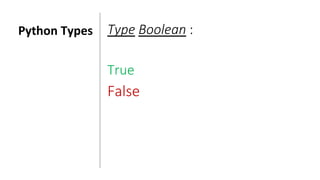 Python Types Type Boolean :
True
False
 