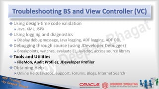 Troubleshooting BS and View Controller (VC)
 Using design-time code validation
Java, XML, JSPX
 Using logging and diagnostics
Display debug message, Java logging, ADF logging, ADF ODL
 Debugging through source (using JDeveloper Debugger)
Breakpoints, watches, evaluate EL, Javadoc, access source library
 Tools and Utilities
FileMon, Audit Profiles, JDeveloper Profiler
 Obtaining Help
Online Help, Javadoc, Support, Forums, Blogs, Internet Search
 