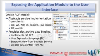 Exposing the Application Module to the User
Interface
Oracle ADF Model:
 Abstracts service implementation
from clients:
EJB, WS, ADF BC, TopLink, Java classes
JSP, mobile
 Provides declarative data binding:
Implements JSR 227
Uses Expression Language (EL)
Separates view from Business Service
Creates data control from AM
 