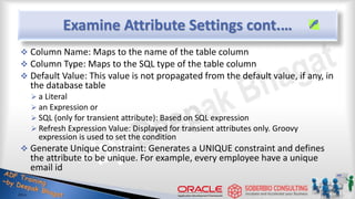 Examine Attribute Settings cont.…
 Column Name: Maps to the name of the table column
 Column Type: Maps to the SQL type of the table column
 Default Value: This value is not propagated from the default value, if any, in
the database table
 a Literal
 an Expression or
 SQL (only for transient attribute): Based on SQL expression
 Refresh Expression Value: Displayed for transient attributes only. Groovy
expression is used to set the condition
 Generate Unique Constraint: Generates a UNIQUE constraint and defines
the attribute to be unique. For example, every employee have a unique
email id
 