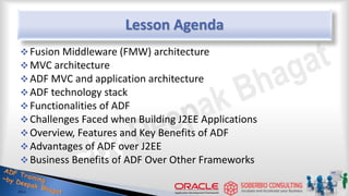 Lesson Agenda
Fusion Middleware (FMW) architecture
MVC architecture
ADF MVC and application architecture
ADF technology stack
Functionalities of ADF
Challenges Faced when Building J2EE Applications
Overview, Features and Key Benefits of ADF
Advantages of ADF over J2EE
Business Benefits of ADF Over Other Frameworks
 