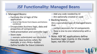 JSF Functionality: Managed Beans
 Managed Beans:
 Facilitate the UI logic of the
application
 Kind of like Struts Form beans and Actions
combined
 Encapsulates business logic, data and
properties of components
 Hold presentation and controller logic
 Store state
 example: authenticated user information
 Execute Java routines when, for
example, a user clicks a button
 Define handler for Event Listeners
 Add any code needed by UI
 Are optionally created or used
 Backing beans:
Are a specialized type of managed beans
that:
 contain accessors for UI components
 Have a one-to-one relationship with a
page
 Note: ADF BC applications define
business logic mainly in the model
layer, not the UI layer
 