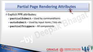 Partial Page Rendering Attributes
Explicit PPR attributes:
partialSubmit – Used by commandItems
autoSubmit – Used by input items / lists etc.
partialTriggers – All components
 