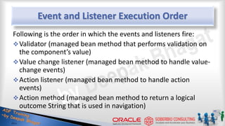 Event and Listener Execution Order
Following is the order in which the events and listeners fire:
Validator (managed bean method that performs validation on
the component’s value)
Value change listener (managed bean method to handle value-
change events)
Action listener (managed bean method to handle action
events)
Action method (managed bean method to return a logical
outcome String that is used in navigation)
 