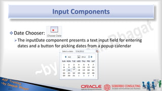 Input Components
Date Chooser:
The inputDate component presents a text input field for entering
dates and a button for picking dates from a popup calendar
 