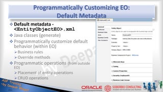 Programmatically Customizing EO:
Default Metadata
 Default metadata -
<EntityObjectEO>.xml
 Java classes (generate)
 Programmatically customize default
behavior (within EO)
Business rules
Override methods
 Programmatic operations (from outside
EO)
Placement of entity operations
CRUD operations
 