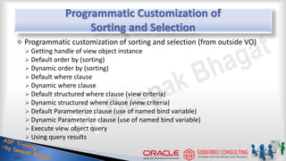Programmatic Customization of
Sorting and Selection
 Programmatic customization of sorting and selection (from outside VO)
 Getting handle of view object instance
 Default order by (sorting)
 Dynamic order by (sorting)
 Default where clause
 Dynamic where clause
 Default structured where clause (view criteria)
 Dynamic structured where clause (view criteria)
 Default Parameterize clause (use of named bind variable)
 Dynamic Parameterize clause (use of named bind variable)
 Execute view object query
 Using query results
 