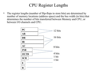 CPU Register Lengths
• The register lengths (number of flip-flops to store bits) are determined by
number of memory locations (address space) and the bus width (in bits) that
determines the number of bits transferred between Memory and CPU, or
between I/O channels and CPU.
PC
AR
DR
IR
AC
INR
OUTR
SCR
12 bits
16 bits
8 bits
4 bits
1 bit
1 bit
E
R
 