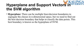 Hyperplane and Support Vectors in
the SVM algorithm
• Hyperplane: There can be multiple lines/decision boundaries to
segregate the classes in n-dimensional space, but we need to find out
the best decision boundary that helps to classify the data points. This
best boundary is known as the hyperplane of SVM.
BCA504A Artificial Intelligence & Machine Learning 16
 