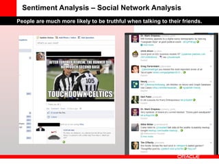 Sentiment Analysis – Social Network Analysis
People are much more likely to be truthful when talking to their friends.
 