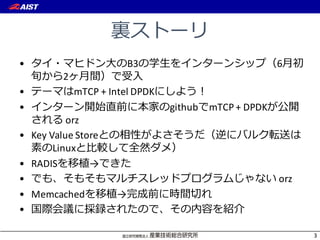 • B3 k6
z 2 l
• mTCP +4Intel4DPDK wi
• github mTCP+4DPDK
orz
• Key4Value4Store w k
Linux l
• RADIS →
• d v orz
• Memcached →
• d
3
 