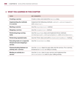 358    ❘  Chapter 10   Developing Android Services



 ⊲⊲ What You Learned In This Chapter

         Topic                           Key Concepts

         Creating a service              Create a class and extend the Service class.

         Implementing the methods        Implement the following methods: onBind(), onStartCommand(),
         in a service                    and onDestroy().

         Starting a service              Use the startService() method.

         Stopping a service              Use the stopService() method.

         Performing long-running         Use the AsyncTask class and implement three methods:
         tasks                           doInBackground(), onProgressUpdate(), and onPostExecute().

         Performing repeated tasks       Use the Timer class and call its scheduleAtFixedRate() method.

         Executing tasks on a separate   Use the IntentService class.
         thread and auto-stopping a
         service

         Communicating between an        Use the Intent object to pass data into the service. For a service,
         activity and a service          broadcast an Intent to notify an activity.

         Binding an activity to a        Use the Binder class in your service and implement the
         service                         ServiceConnection class in your calling activity.
 