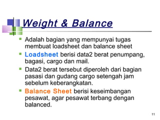 Weight & Balance
   Adalah bagian yang mempunyai tugas
    membuat loadsheet dan balance sheet
   Loadsheet berisi data2 berat penumpang,
    bagasi, cargo dan mail.
   Data2 berat tersebut diperoleh dari bagian
    pasasi dan gudang cargo setengah jam
    sebelum keberangkatan.
   Balance Sheet berisi keseimbangan
    pesawat, agar pesawat terbang dengan
    balanced.
                                                 11
 