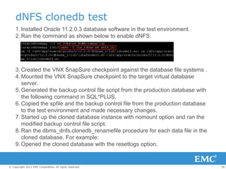 29© Copyright 2012 EMC Corporation. All rights reserved.
dNFS clonedb test
1. Installed Oracle 11.2.0.3 database software in the test environment.
2. Ran the command as shown below to enable dNFS.
3. Created the VNX SnapSure checkpoint against the database file systems .
4. Mounted the VNX SnapSure checkpoint to the target virtual database
server.
5. Generated the backup control file script from the production database with
the following command in SQL*PLUS.
6. Copied the spfile and the backup control file from the production database
to the test environment and made necessary changes.
7. Started up the cloned database instance with nomount option and ran the
modified backup control file script.
8. Ran the dbms_dnfs.clonedb_renamefile procedure for each data file in the
cloned database. For example:
9. Opened the cloned database with the resetlogs option.
 