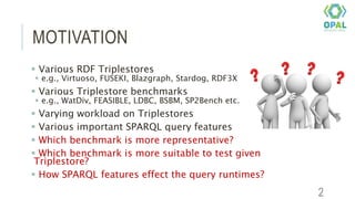 MOTIVATION
 Various RDF Triplestores
 e.g., Virtuoso, FUSEKI, Blazgraph, Stardog, RDF3X etc.
 Various Triplestore benchmarks
 e.g., WatDiv, FEASIBLE, LDBC, BSBM, SP2Bench etc.
 Varying workload on Triplestores
 Various important SPARQL query features
 Which benchmark is more representative?
 Which benchmark is more suitable to test given
Triplestore?
 How SPARQL features effect the query runtimes?
2
 
