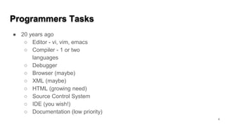 Programmers Tasks
● 20 years ago
○ Editor - vi, vim, emacs
○ Compiler - 1 or two
languages
○ Debugger
○ Browser (maybe)
○ XML (maybe)
○ HTML (growing need)
○ Source Control System
○ IDE (you wish!)
○ Documentation (low priority)
4
 