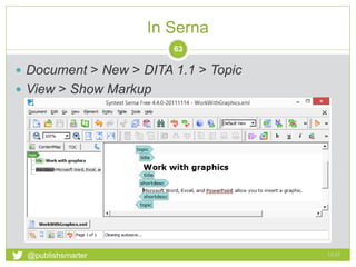 In Serna
13:51@publishsmarter
63
 Document > New > DITA 1.1 > Topic
 View > Show Markup
 