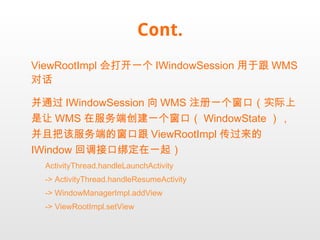 Cont. ViewRootImpl 会打开一个 IWindowSession 用于跟 WMS 对话 并通过 IWindowSession 向 WMS 注册一个窗口（实际上是让 WMS 在服务端创建一个窗口（ WindowState ），并且把该服务端的窗口跟 ViewRootImpl 传过来的 IWindow 回调接口绑定在一起） ActivityThread.handleLaunchActivity -> ActivityThread.handleResumeActivity  -> WindowManagerImpl.addView -> ViewRootImpl.setView 