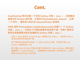 Cont. ViewRootImpl 预先创建一个空的 Surface 对象（ Java ），在需要创建真正的 Surface 的时候，它调用 IWindowSession.relayout ，这是一个 RPC ，最终是 WMS 的 relayoutWindow 被调用 WMS 调用 WindowState.createSurfaceLocked 创建了一个 Surface 对象（ Java ），并把这个对象的数据传回给客户端，而客户端则负责用这些数据填充预先创建的空 Surface 对象（ Java ） 实际上 WMS 是请求 SurfaceFlinger 创建真正的 Surface ，然后把 Surface 相关的信息再传回给客户端 客户端利用这些信息来创建一个 native Surface 对象，然后把它跟 Java Surface 对象绑定在一起 客户端的 Java Surface 对象以后就可以通过这个 native Surface 对象来操作图像缓存（ GraphicsBuffer ），图像缓存可以看作是一块共享内存，在客户端和 SurfaceFlinger 之间共享 