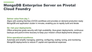 MongoDB Enterprise Server on Pivotal
Cloud Foundry
Deliver value from day 1.
Aligns with existing DevOps (CI/CD) workflows and provides on demand production ready
MongoDB and application cluster in minutes, enabling you to rapidly build and iterate
De-risk your deployments.
Offers enterprise grade security with high availability, blue-green deployments, continuous
backups and point-in-time recovery to keep your mission critical deployments always-on
Drive operational excellence.
Automate and simplify managing, patching, configuring, scaling, tuning, and monitoring
MongoDB deployments to reduce IT capital and operational expenses
 