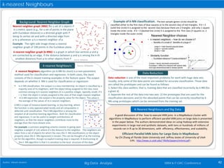 Big Data Analysis 42Author: Vikram Andem ISRM & IT GRC Conference
k-nearest Neighbours
k-nearest Neighbours
k -nearest Neighbors algorithm (or k-NN for short) is a non-parametric
method used for classification and regression. In both cases, the input
consists of the k closest training examples in the feature space. The output
depends on whether k -NN is used for classification or regression:
 In k-NN classification, the output is a class membership. An object is classified by a
majority vote of its neighbors, with the object being assigned to the class most
common among its k nearest neighbors (k is a positive integer, typically small). If k
= 1, then the object is simply assigned to the class of that single nearest neighbor.
 In k-NN regression, the output is the property value for the object. This value is
the average of the values of its k nearest neighbors.
k-NN is a type of instance-based learning, or lazy learning, where
the function is only approximated locally and all computation is
deferred until classification. The k-NN algorithm is among the
simplest of all machine learning algorithms. Both for classification
and regression, it can be useful to weight contributions of
neighbors, so that the nearer neighbors contribute more to the
average than the more distant ones.
For example, a common weighting scheme consists in giving each
neighbor a weight of 1/d, where d is the distance to the neighbor. The neighbors are
taken from a set of objects for which the class (for k -NN classification) or the object
property value (for k -NN regression) is known. This can be thought of as the training
set for the algorithm, though no explicit training step is required. A shortcoming of
the k -NN algorithm is that it is sensitive to the local structure of the data.
Example of k-NN classification. The test sample (green circle) should be
classified either to the first class of blue squares or to the second class of red triangles. If k = 3
(solid line circle) it is assigned to the second class because there are 2 triangles and only 1 square
inside the inner circle. If k = 5 (dashed line circle) it is assigned to the first class (3 squares vs. 2
triangles inside the outer circle).
Data Reduction
Data reduction is one of the most important problems for work with huge data sets.
Usually, only some of the data points are needed for accurate classification. Those data
are called the prototypes and can be found as follows:
1. Select the class-outliers, that is, training data that are classified incorrectly by k-NN (for
a given k)
2. Separate the rest of the data into two sets: (i) the prototypes that are used for the
classification decisions and (ii) the absorbed points that can be correctly classified by k-
NN using prototypes which can be removed from the training set.
K-Nearest Neighbours and Big Data
A good discussion of the how to execute kNN joins in a MapReduce cluster with
algorithms in MapReduce to perform efficient parallel kNN joins on large data is presented
in the paper below. The authors demonstrated ideas on using Hadoop with extensive
experiments in large real and synthetic datasets, with tens or hundreds of millions of
records ran in R up to 30 dimensions, with efficiency, effectiveness, and scalability.
Efficient Parallel kNN Joins for Large Data in MapReduce
by Chi Zhang of Florida State University and Jeffrey Jestes of University of Utah
(URL: http://www.cs.utah.edu/~lifeifei/papers/mrknnj.pdf )
Source: Wikipedia
Background: Nearest Neighbor Graph
Nearest neighbor graph (NNG) for a set of n objects P
in a metric space (e.g., for a set of points in the plane
with Euclidean distance) is a directed graph with P
being its vertex set and with a directed edge from
p to q whenever q is a nearest neighbor of p.
Example: The right side image shows a nearest
neighbor graph of 100 points in the Euclidean plane.
k-nearest neighbor graph (k-NNG) is a graph in which two vertices p and q
are connected by an edge, if the distance between p and q is among the k-th
smallest distances from p to other objects from P
Source: Wikipedia
Source: Wikipedia
 