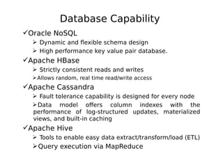Database Capability
Oracle NoSQL
 Dynamic and flexible schema design
 High performance key value pair database.

Apache HBase
 Strictly consistent reads and writes
 Allows random, real time read/write access

Apache Cassandra
 Fault tolerance capability is designed for every node
 Data model offers column indexes with the
performance of log-structured updates, materialized
views, and built-in caching

Apache Hive
 Tools to enable easy data extract/transform/load (ETL)

 Query execution via MapReduce

 