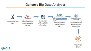 Genomic Big Data Analytics
Identification of
RNAs regulated
by RBP
Comparison
with available
information
Integration with
transcriptomic
data
Hospital-derived
data
Knowledge
Graph
Identification of
key genes and
interactions
 