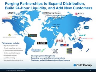 © 2012 CME Group. All rights reserved 5
Forging Partnerships to Expand Distribution,
Build 24-Hour Liquidity, and Add New Customers
CBOT Black
Sea Wheat
Partnerships include:
• Equity investments
• Trade matching services
• Joint product development
• Order routing linkages
• Product licensing
• Joint marketing
• European clearing services
• Developing capabilities globally
• Expanding upon global benchmark products
• Positioned well within key strategic closed markets
•Recently announced application to
FSA for CME Europe Ltd. –
expected launch mid-2013
 