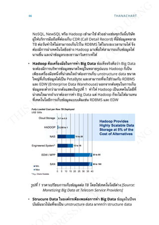 NoSQL, NewSQL หรือ Hadoop เข้ามาใช้ ตัวอย่างเช่นทุกวันน้ีบริษัท
ผู้ให้บริการมือถือท่ีต้องเก็บ CDR (Call Detail Record) ท่ีมีข้อมูลหลาย
TB ต่อวันทำาให้ไม่สามารถเก็บไว้ใน RDBMS ได้ในระยะเวลานานได้ จึง
ต้องมีการนำาเทคโนโลยีอย่าง Hadoop มาเพ่ือให้สามารถเก็บข้อมูลได้
นานข้ึน และนำาข้อมูลระยะยาวมาวิเคราะห์ได้
• Hadoop คือเคร่ืองมือในกำรทำำ Big Data ข้อเท็จจริงคือว่า Big Data
จะต้องมีการบริหารข้อมูลขนาดใหญ่ในหลายรูปแบบ Hadoop ก็เป็น
เพียงเคร่ืองมือหน่ึงท่ีน่าสนใจถ้าต้องการเก็บ unstructure data ขนาด
ใหญ่ท่ีเก็บข้อมูลได้เป็น PetaByte และสามารถท่ีจะใช้ร่วมกับ RDBMS
และ EDW (Enterprise Data Warehouse) นอกจากต้นทุนในการเก็บ
ข้อมูลจะต่ำากว่ามากดังแสดงในรูปท่ี 1 ทำาให้ Hadoop เป็นเทคโนโลยืีท่ี
น่าสนใจมากถ้าเราต้องการทำา Big Data แต่ Hadoop ก็จะไม่ได้มาแทน
ท่ีเทคโนโลยีการเก็บข้อมูลแบบเดิมเช่น RDBMS และ EDW
รูปท่ี 1 ราคาเปรียบการเก็บข้อมูลต่อ TB โดยใช้เทคโนโลยีต่าง [Source:
Monetizing Big Data at Telecom Service Providers]
• Strucure Data ในองค์กรเพียงพอต่อกำรทำำ Big Data ข้อมูลในปัจจ
บันมีแนวโน้มท่ีจะเป็น unstructure data มากกว่า structure data
66 THANACHART
 