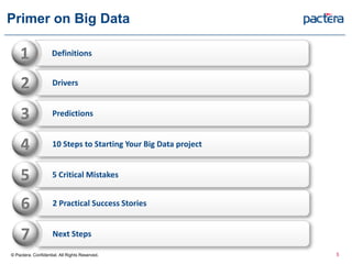Primer on Big Data

    1                Definitions


     2               Drivers


     3               Predictions


     4               10 Steps to Starting Your Big Data project


     5               5 Critical Mistakes


     6               2 Practical Success Stories


     7               Next Steps

© Pactera. Confidential. All Rights Reserved.                     5
 