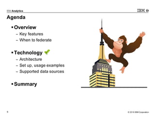 © 2016 IBM Corporation6
Agenda
§Overview
− Key features
− When to federate
§Technology
− Architecture
− Set up, usage examples
− Supported data sources
§Summary
 