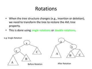 RotationsWhen the tree structure changes (e.g., insertion or deletion), we need to transform the tree to restore the AVL tree property.This is done using single rotations or double rotations.yxACBe.g. Single RotationxyCBAAfter RotationBefore Rotation