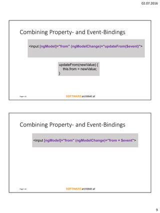 02.07.2016
9
Combining Property- and Event-Bindings
Page  23
<input [ngModel]="from" (ngModelChange)="updateFrom($event)">
updateFrom(newValue) {
this.from = newValue;
}
Combining Property- and Event-Bindings
Page  24
<input [ngModel]="from" (ngModelChange)="from = $event">
 