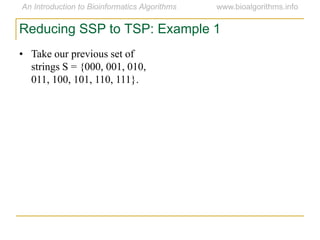 Reducing SSP to TSP: Example 1
• Take our previous set of
strings S = {000, 001, 010,
011, 100, 101, 110, 111}.
 
