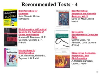 10
Recommended Texts - 4
Bioinformatics for
Dummies
Jean Claverie, Cedric
Notredame
Bioinformatics: A Practical
Guide to the Analysis of
Genes and Proteins
Andreas D. Baxevanis, B. F.
Ouellette, Ouellette B. F.
Francis.
Instant Notes in
Bioinformatics
D. R. Westhead, Richard M.
Twyman, J. H. Parish
Bioinformatics:
Sequence and Genome
Analysis, Vol. 5
David W. Mount, David
Mount
Developing
Bioinformatics Computer
Skills
Cynthia Gibas, Per
Jambeck, Lorrie LeJeune
(Editor)
Discovering Genomics,
Proteomics, and
Bioinformatics
A. Malcolm Campbell,
Laurie J. Heyer
 