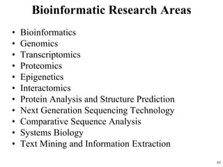 • Bioinformatics
• Genomics
• Transcriptomics
• Proteomics
• Epigenetics
• Interactomics
• Protein Analysis and Structure Prediction
• Next Generation Sequencing Technology
• Comparative Sequence Analysis
• Systems Biology
• Text Mining and Information Extraction
Bioinformatic Research Areas
65
 