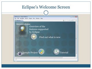 Starting EclipseOpen the Eclipse folder, double click  on the Eclipse icon           to start Eclipse. 